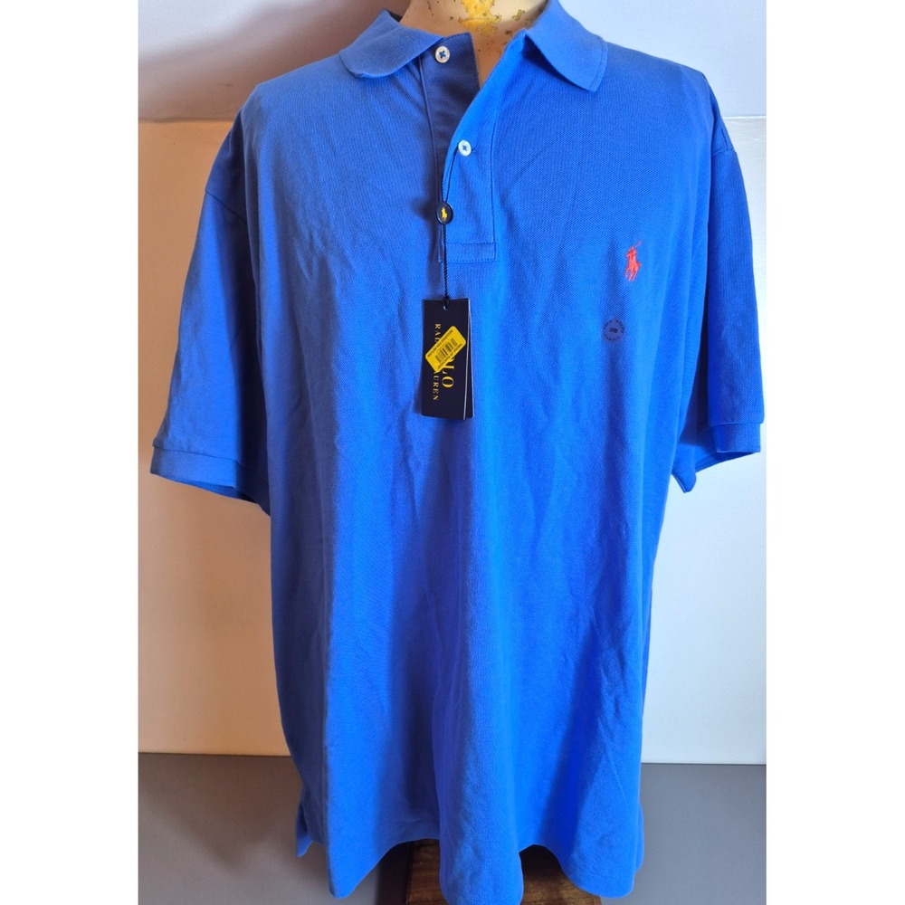 Polo Ralph Lauren Mens Short Sleeve Polo Shirt 2XB Blue with Salmon Pony NEW